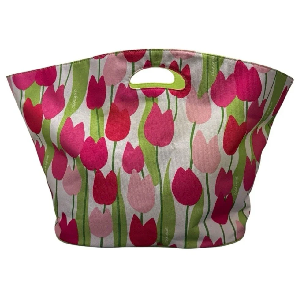 CLINIQUE LARGE FLOWERS CANVAS TOTE BAG EUC